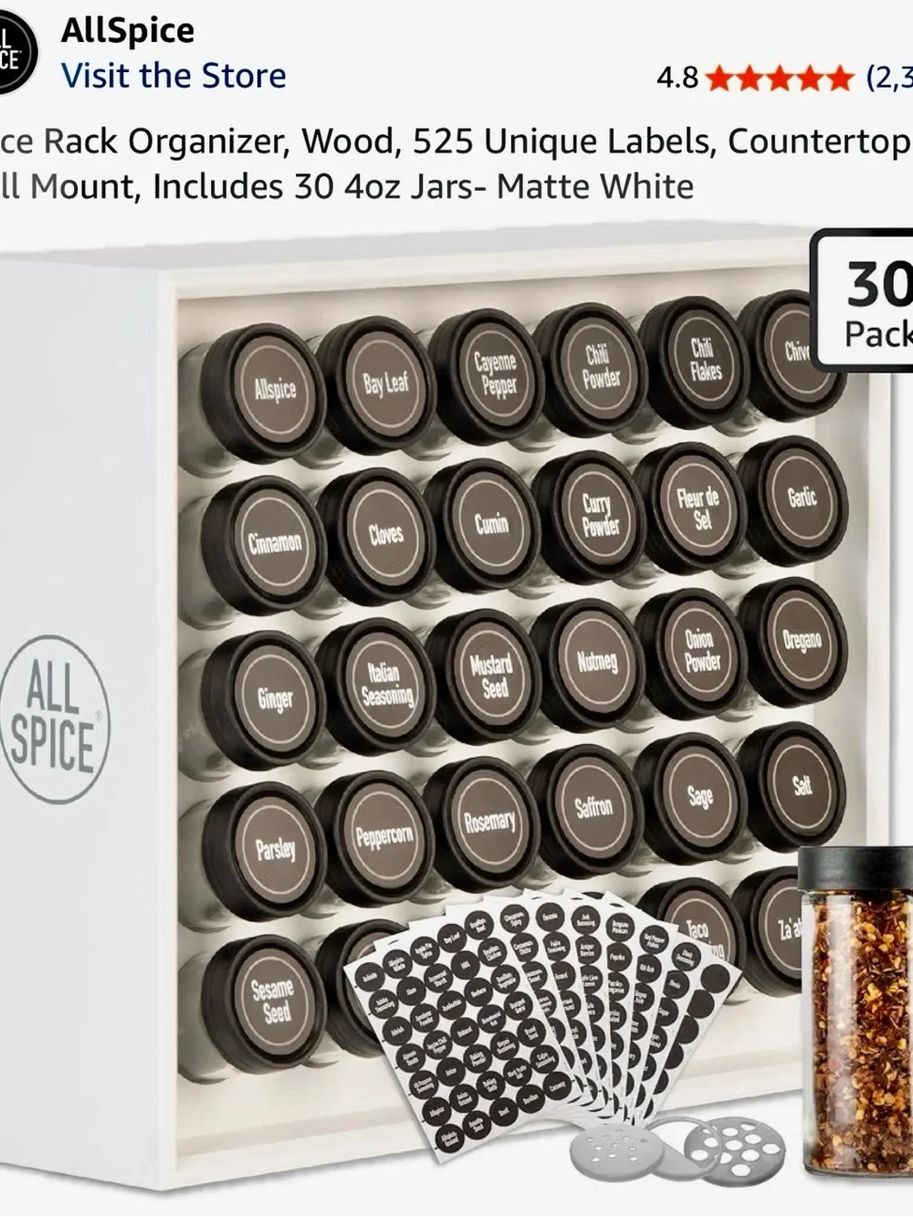 Matte White Magnetic Spice Rack Organizer with Black Lids - 30 Jars